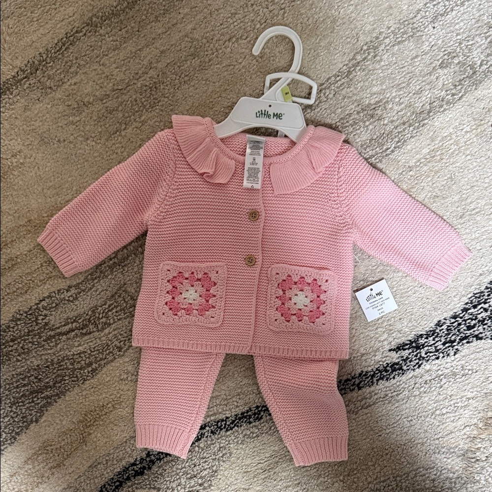 Little Me Pink Knit Baby Outfit with Floral Pockets